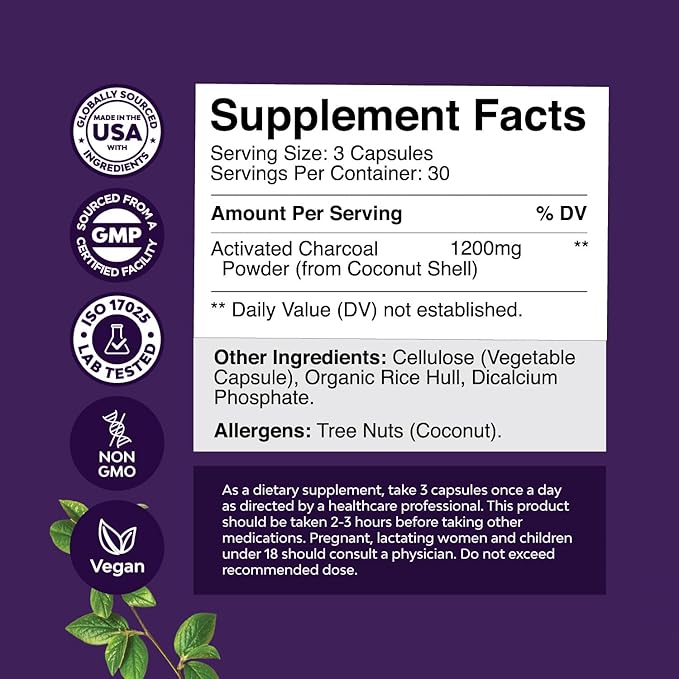 Activated Charcoal Pills Detox & Cleanse - Purifying Coconut Capsules with 1200 mg Per Serving for Bloating Relief - Active Detoxification Supplement for Body & Gut Health - 90 Count