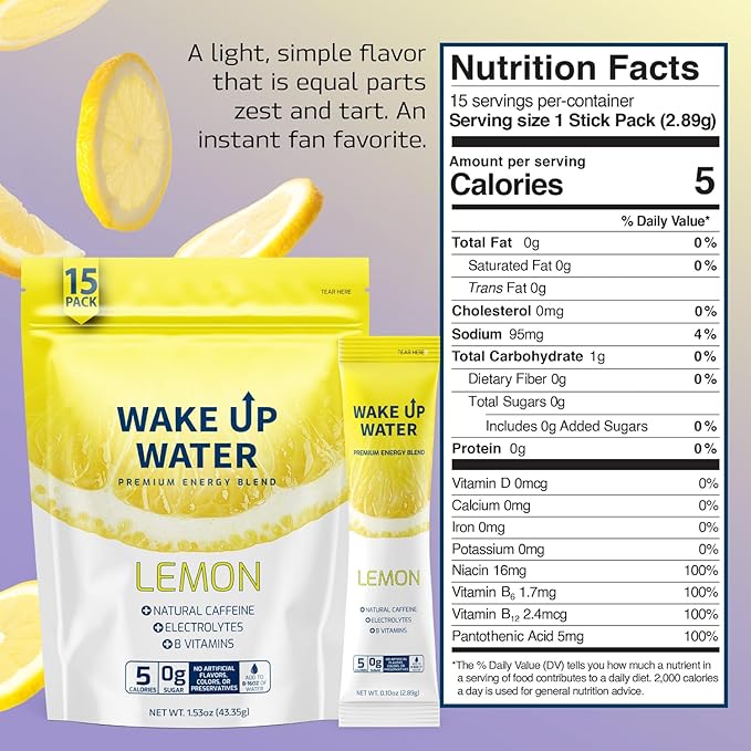 Wake Up Water - Energy + Hydration Sugar Free 15 Packet, Lemon Flavor - Energy Drink Powder, Electrolytes Powder Drink, Natural Caffeine Mix Packet, B Vitamins, 5 Calories, Gluten Free - .10 oz (2.9g)