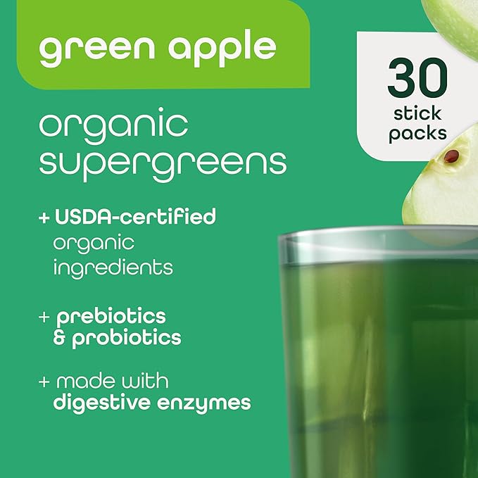 Zena Organic Super Greens Powder, 70+ Superfoods Drink Mix, 0 Sugar, 3G Fiber, Fruits, Veggies, Spirulina, Chlorella, Antioxidants, Pre & Probiotics, Digestive Enzymes, Green Apple Flavor, 30 Packets