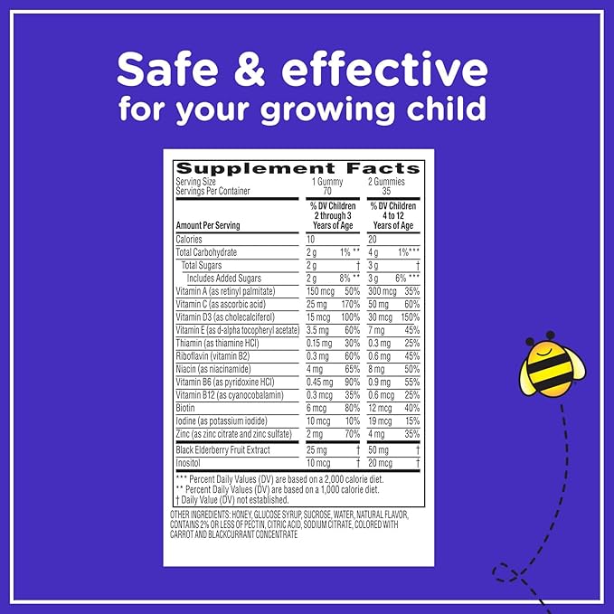 Zarbee's Complete Kids Multivitamin Gummies + D3, E, B6, B12, B12, Folic 70 Count