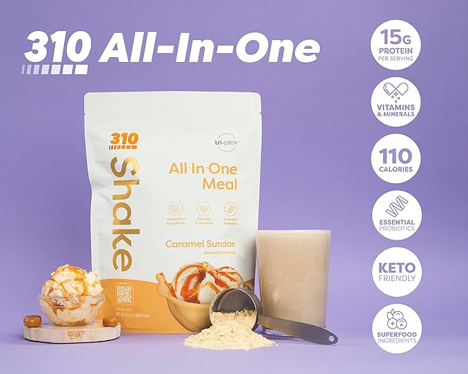 310 Nutrition - All In One Meal Replacement Shake - Superfood Blend with Fiber - Natural Sweeteners - Low Carb Shake, Keto & Paleo Friendly (Caramel Sundae, 14 Servings)