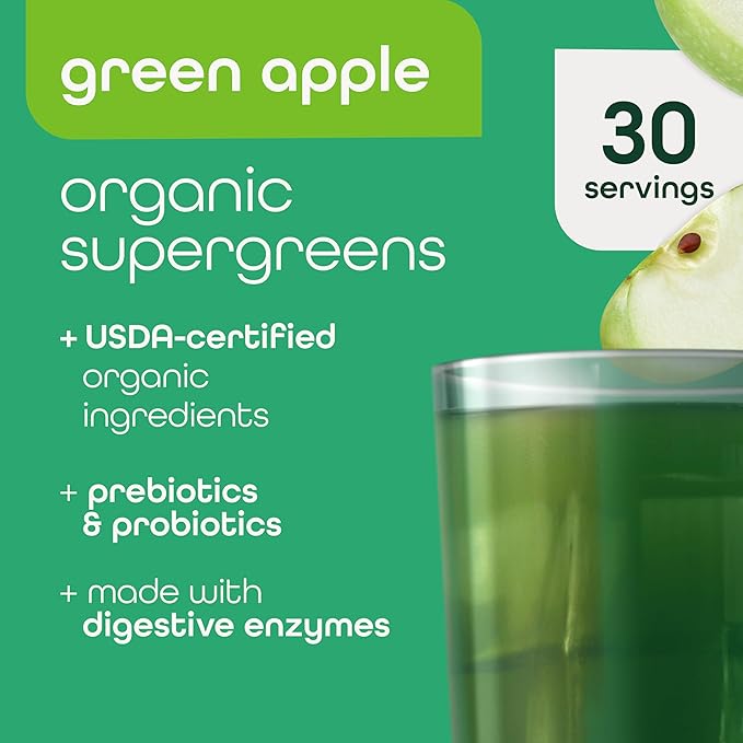 Zena Organic Super Greens Powder, 70+ Superfoods Drink Mix, 0 Sugar, 3G Fiber, Fruits, Veggies, Spirulina, Chlorella, Antioxidants, Pre & Probiotics, Digestive Enzymes, Green Apple Flavor, 30 Servings