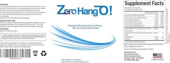 ZeroHangO!- 120 Capsules. Better Morning and Hydration Pills Dihydromyricetin, Taurine, Essential Phospholipids, Glutathione. Recovery, Relief.