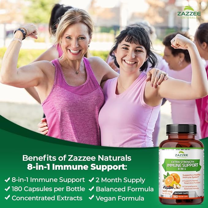 Zazzee Extra Strength 8-in-1 Immune Support, 1400 mg 180 Vegan 1000 mg 1000 IU D3, Zinc,