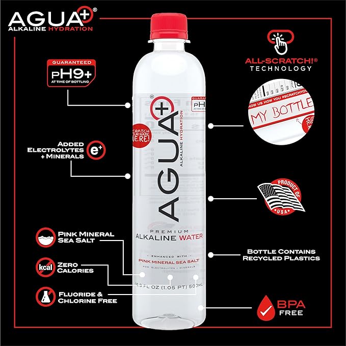 Agua Plus pH9+ Alkaline Water Bottles - 16.9 fl (500mL) oz Drinking Water Bottles - Enhanced with Pink Mineral Sea Salt for Electrolytes and Minerals - Recycled Plastic and USA Made Water Bottles - 4 Pack