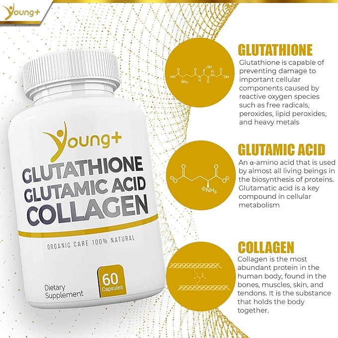 Young+ Glutathione, Glutamic Acid and Collagen. 1000mg, 60 60 Capsules