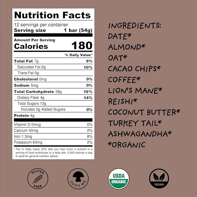 Wise Bar Adaptogen Mushroom Nutrition Bars with Reishi, Lions Mane & Ashwagandha, Organic Vegan & Gluten Free Snacks for Natural Focus, Energy & Immunity Support, Mocha Coconut Flavor, 12 Count