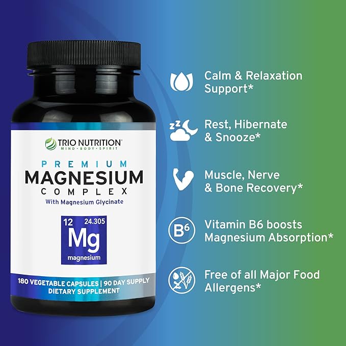 Trio Nutrition Magnesium Complex 90 Day Supply 420 mg | Natural Calm, Relax, Stress Relief, and Muscle Recovery |Magnesium Glycinate Supplement with Vitamin B6 for Rapid Absorption*