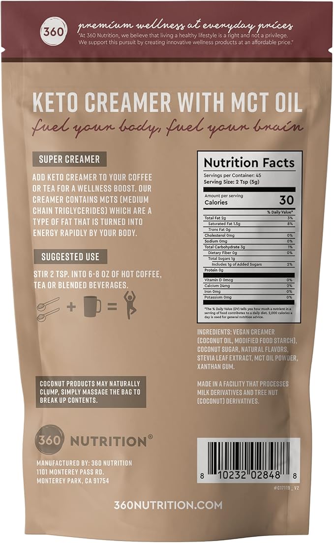 360 Nutrition Keto Coffee Creamer with MCT Oil Powder, Gluten Free, Vegan, Sweetened with Coconut Sugar, Low Carb Non Dairy Creamer for Keto Diet with 3g Net Carbs, No Added Sugar, 45 Servings, 8 oz