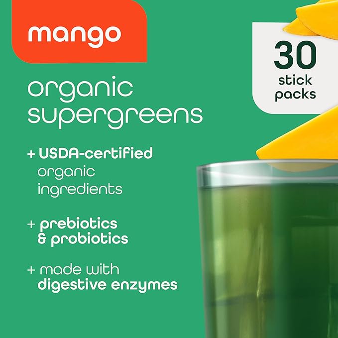 Zena Organic Super Greens Powder, 70+ Superfoods Drink Mix, 0 Sugar, 3G Fiber, Fruits, Veggies, Spirulina, Chlorella, Antioxidants, Pre & Probiotics, Digestive Enzymes, Mango Flavor, 30 Packets