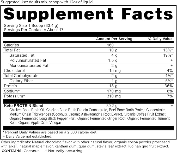 Ancient Nutrition Keto Protein Powder, KetoPROTEIN with Fats from Bone Broth and MCT Oil, Chocolate, 18g Protein 10g Fat Per Serving, Gluten Free, Low Carb, Paleo Friendly, 17 Servings