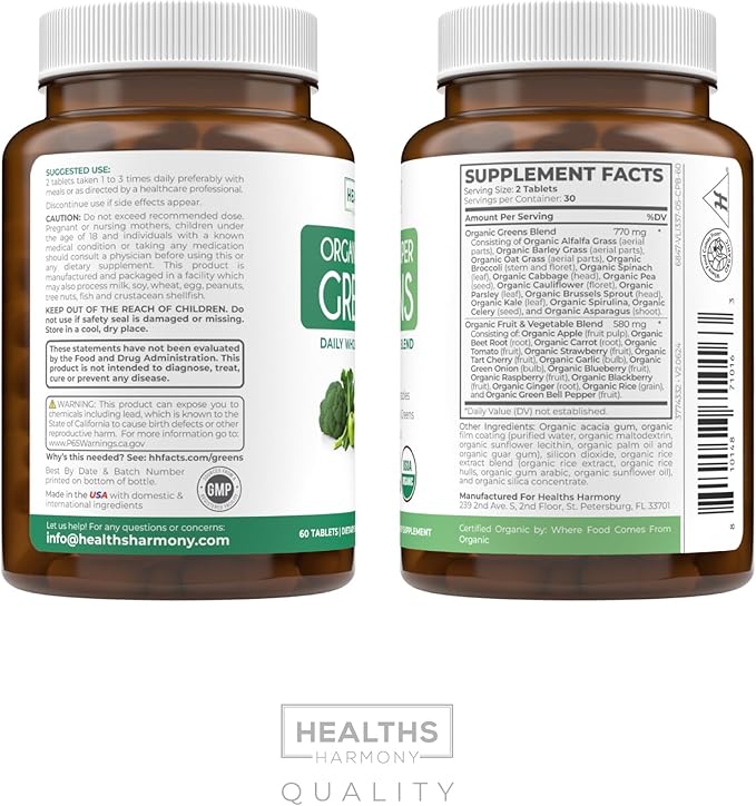 USDA Organic Greens Powder (60 Tablets) Convenient Pills - Complete Superfood Supplement with 28 Fruits & Vegetables - Super Antioxidants, Energy, Gut Health, and Immune Support (No Capsules)