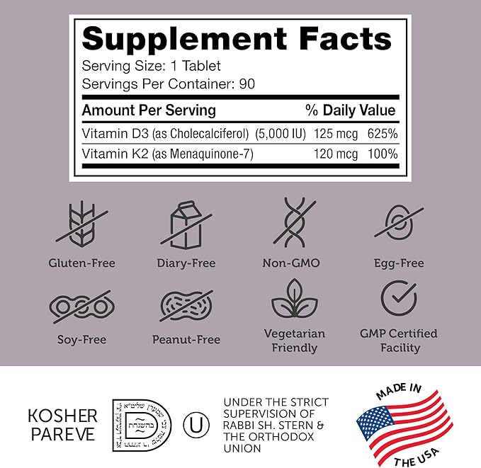 Zahler - Vitamin D3 & K2 Chewable Supplement (90 Count) - Certified Kosher K2 D3 Vitamin 5000 IU Delicious Chew Tablet - Vitamin D & K2 for Calcium Absorption, Bone Density & Immune Support