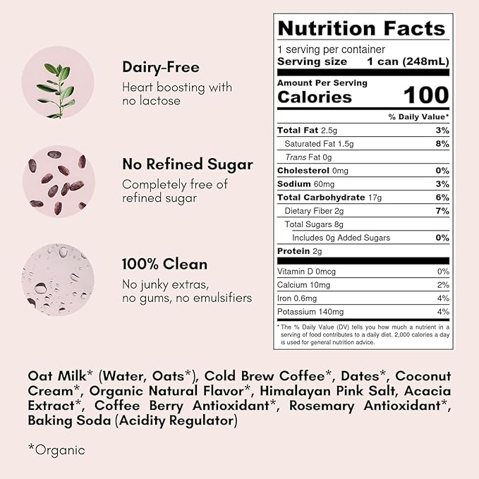 Pop & Bottle Classic & Vanilla Oat Milk Lattes - Cold Brew, Marine Collagen & Antioxidants, MCT Oil, Organic, Dairy Free, Gluten Free, Lightly Sweetened with Dates - 8 Fl Oz (Pack of 12), 6 Each
