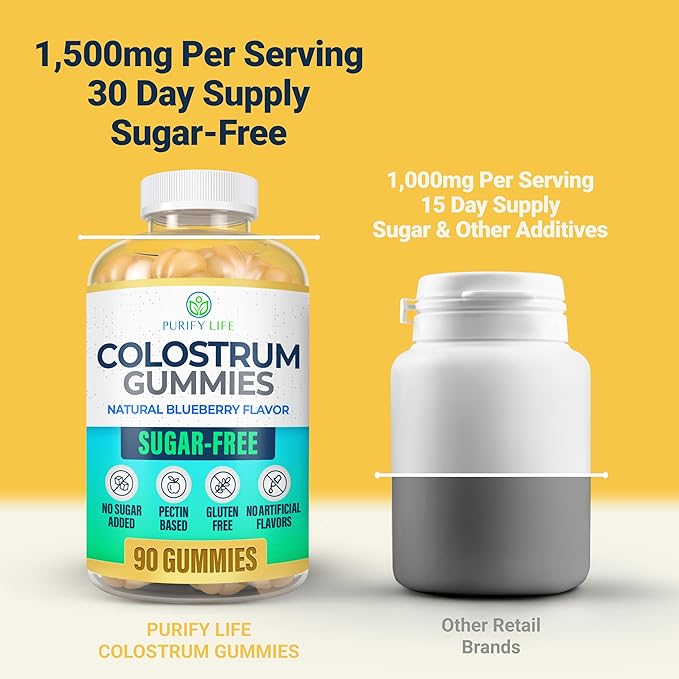 Sugar-Free Colostrum Gummies (1500mg) Bovine Colostrum for Humans, Grass-Fed Supplement for Gut Health, Leaky Gut Repair, Immune Support, Skin Health - 35% IgG Per Serving