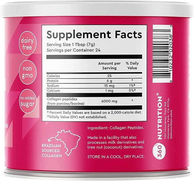 360 Nutrition Collagen Powder for Hair, 6 Oz, 24 Servings