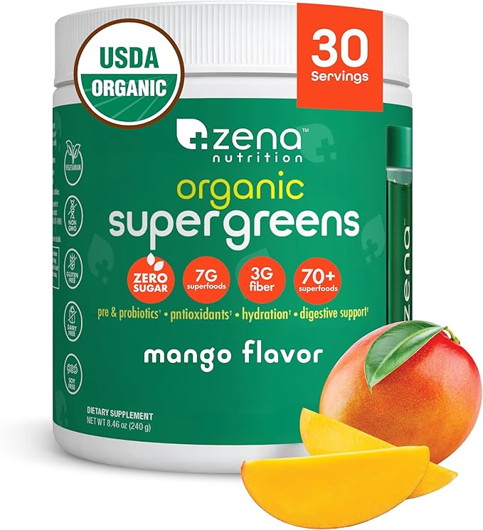 Zena Organic Super Greens Powder, 70+ Superfoods Drink Mix, 0 Sugar, 3G Fiber, Fruits, Veggies, Spirulina, Chlorella, Antioxidants, Pre & Probiotics, Digestive Enzymes, Mango Flavor, 30 Servings
