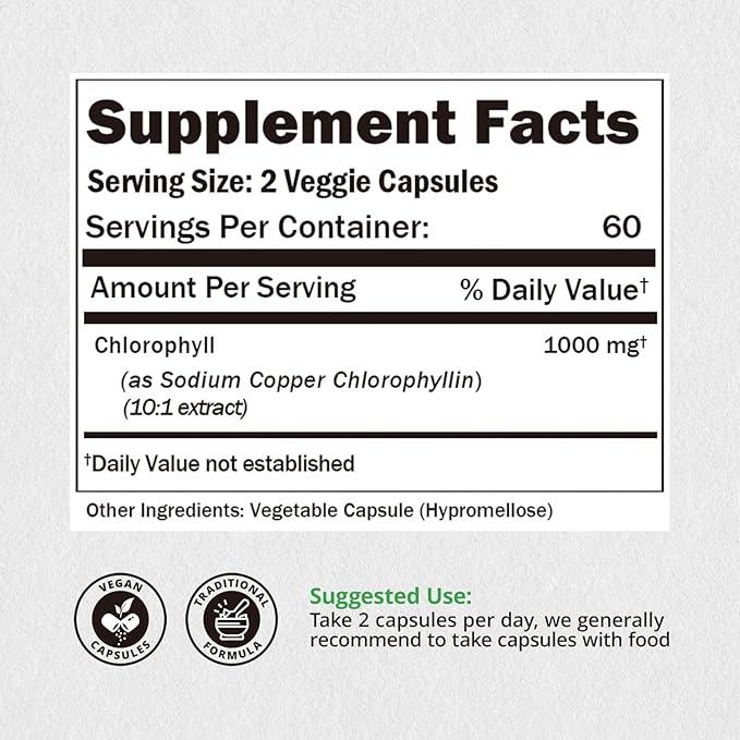 Chlorophyll Capsules 1000mg - 100% Natural Potency Concentration for Women & Men, Gut Health, Skin Support - Natural Energy Booster, 120 Capsules