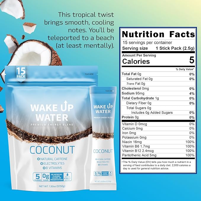 Wake Up Water - Energy + Hydration Sugar Free 15 Pack, Coconut Flavor - Energy Drink Powder, Electrolytes Powder Drink, Natural Caffeine Mix Packet, B Vitamins, 5 Calories, Gluten Free - .10 oz (2.9g)