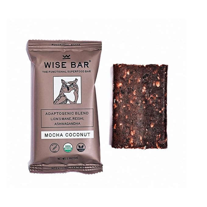 Wise Bar Adaptogen Mushroom Nutrition Bars with Reishi, Lions Mane & Ashwagandha, Organic Vegan & Gluten Free Snacks for Natural Focus, Energy & Immunity Support, Mocha Coconut Flavor, 12 Count