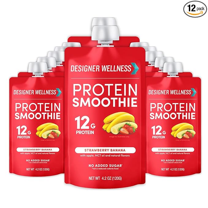 Designer Wellness Protein Smoothie, Real Fruit, 12g Protein, Low Carb, Zero Added Sugar, Gluten-Free, Non-GMO, No Artificial Colors or Flavors, Strawberry Banana, 12 Count