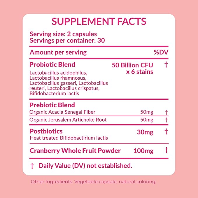Women’s Probiotic for Vaginal Health | 50 Billion CFU with Probiotics, Prebiotic, Postbiotics & Cranberry for pH Balance, UTI Support, Yeast, Gut Health, Odor, Dryness & Feminine Comfort