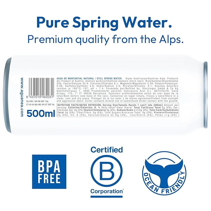 NEA Natural Spring Water - Pure Canned Water from the Austrian Alps - Refreshing Mineral Drinking Water - Naturally Filtered Mountain Spring Water in 16.9oz Can - Plastic-Free Boxed Water 12 Pack.