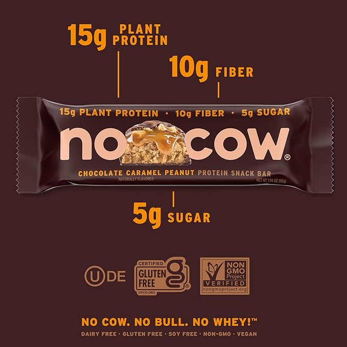 No Cow Vegan Protein Bars with Low Sugar & High Protein, 15g Plant Based Protein & 10g Fiber Snacks for On-the-Go Nutrition & Post-Workout, Gluten-Free, Dairy-Free(Chocolate Caramel Peanut, 12 Count)