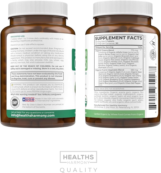 USDA Organic Greens Powder (180 Tablets) Convenient Pills - Complete Superfood Supplement with 28 Fruits & Vegetables - Super Antioxidants, Energy, Gut Health, and Immune Support (No Capsules)