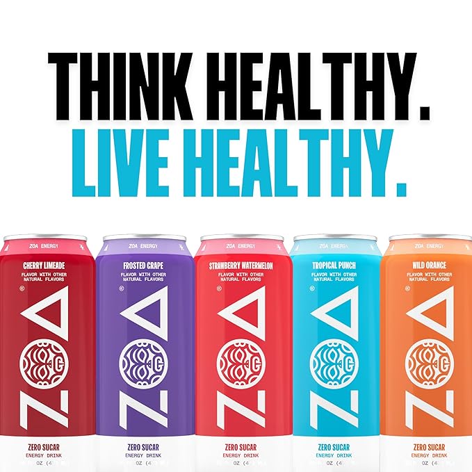 ZOA Zero Sugar Energy Drinks, Frosted Grape - Sugar Free with Electrolytes, Healthy Vitamin C, Amino Acids, Essential B-Vitamins, and Caffeine from Green Tea - 16 Fl Oz (12-Pack)