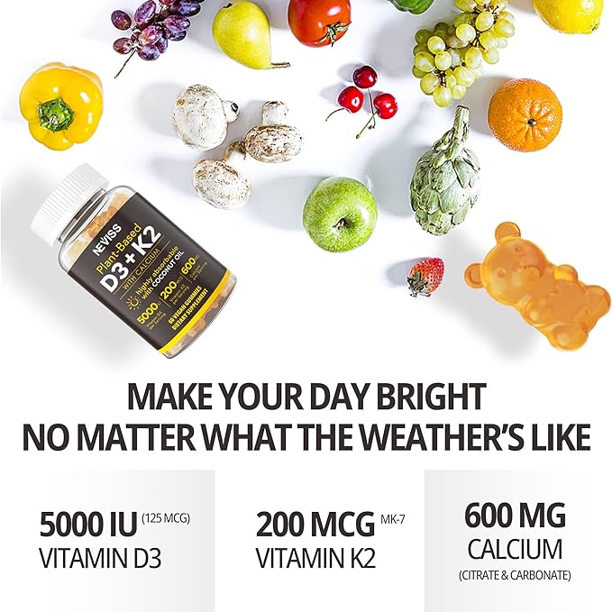 Vitamin D3 5000iu & K2( as MK7 ) 200mcg Gummies 600mg Calcium, D3 K2 K2 Supplement 60 Count