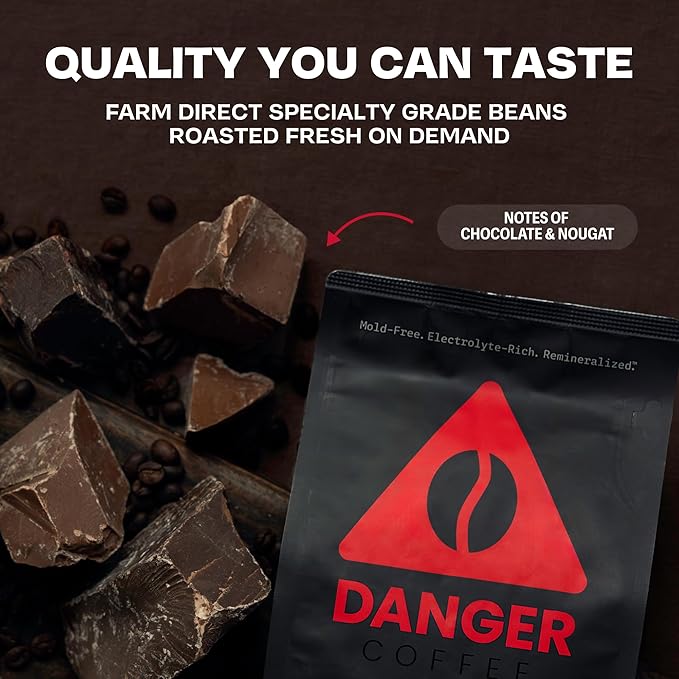 Danger Coffee by Dave Asprey, Remineralized, Mold Free & Lab Tested Whole Bean Coffee, Dark Roast, 10.9 Ounce