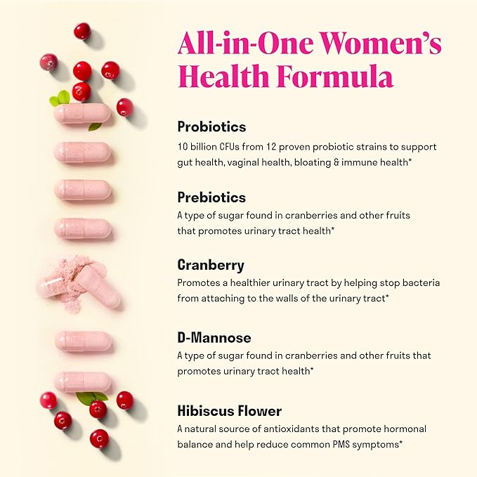 3-in-1 Womens Probiotic - 60 Servings - 12 Unique Strains, Prebiotics, D-Mannose, & Cranberry for Digestive Health, Vaginal Health & Immune Support - Prebiotics and Probiotics for Women | pH Balance