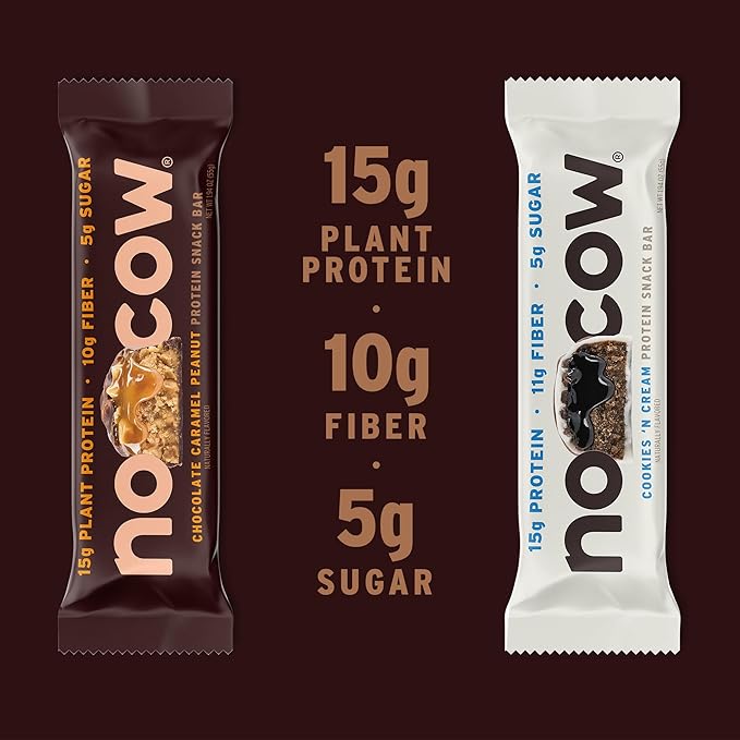 No Cow Vegan Protein Snack Bar Variety Pack, High Protein & 10g Fiber, Low Sugar, Gluten-Free, Dairy-Free, For On-the-Go Nutrition & Post-Workout (Cookies ‘n Cream, Chocolate Caramel Peanut, 6 Count)