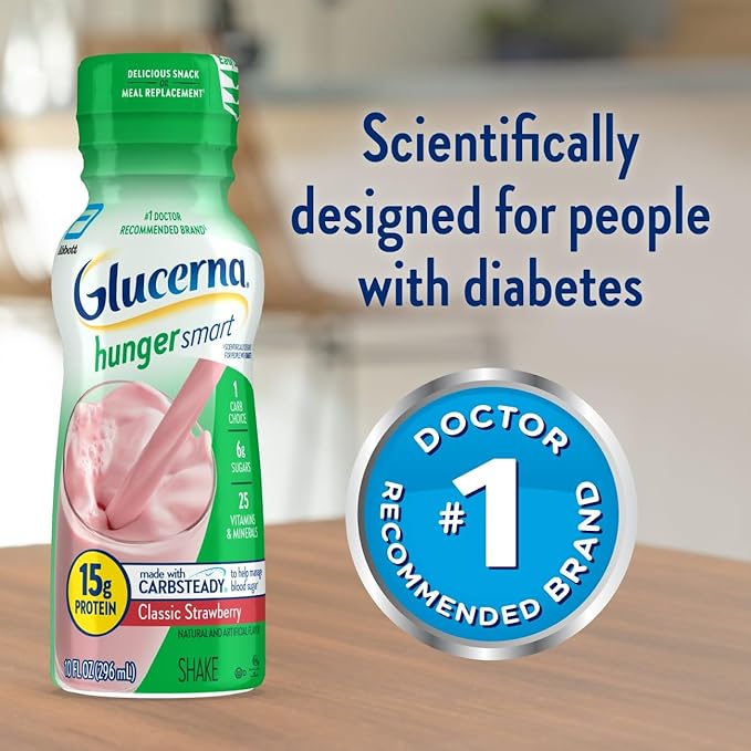Glucerna Hunger Smart Shake, Diabetic Drink to Support Blood Sugar Management, 15g Protein, 180 Calories, Classic Strawberry, 10-fl-oz Bottle, 24 Count