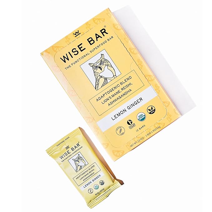 Wise Bar Adaptogen Mushroom Nutrition Bars with Reishi, Lions Mane & Ashwagandha, Organic Vegan & Gluten Free Snacks for Natural Focus, Energy & Immunity Support, Lemon Ginger Flavor, 12 Count