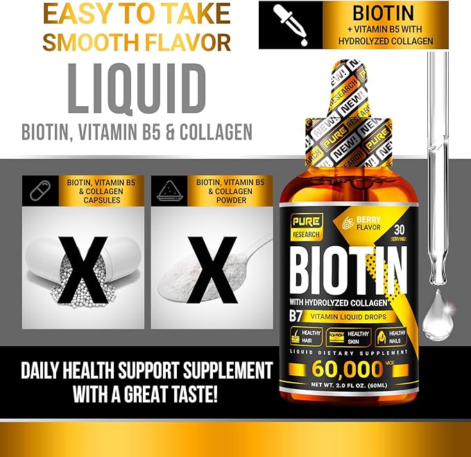 PURE RESEARCH Biotin & Collagen 60,000mcg (4Fl Oz)
