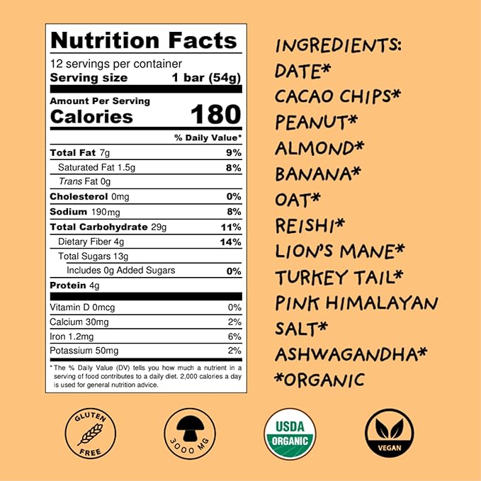 Wise Bar Adaptogen Mushroom Nutrition Bars with Reishi, Lions Mane & Ashwagandha, Organic Vegan & Gluten Free Snacks for Natural Focus, Energy & Immunity Support, Peanut Butter Banana, 12 Count