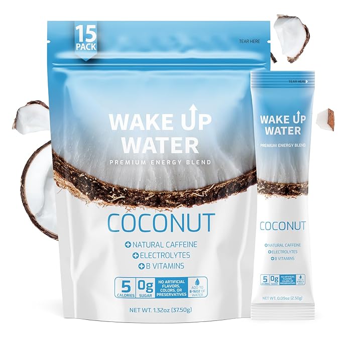 Wake Up Water - Energy + Hydration Sugar Free 15 Pack, Coconut Flavor - Energy Drink Powder, Electrolytes Powder Drink, Natural Caffeine Mix Packet, B Vitamins, 5 Calories, Gluten Free - .10 oz (2.9g)