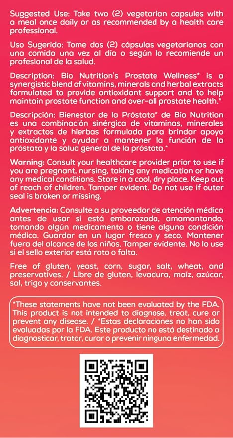 Bio Nutrition Prostate Wellness Support Supplement 60 Vegetarian Capsules | Natural Formula for Men’s Health | Promotes Healthy Prostate Function | Supports Urinary Health & Hormonal Balance
