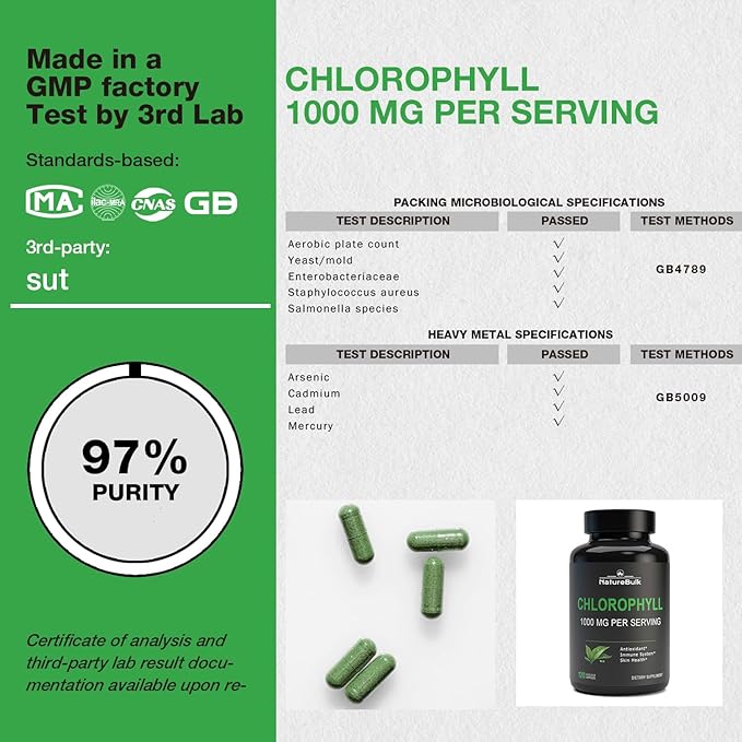 Chlorophyll Capsules 1000mg - 100% Natural Potency Concentration for Women & Men, Gut Health, Skin Support - Natural Energy Booster, 120 Capsules