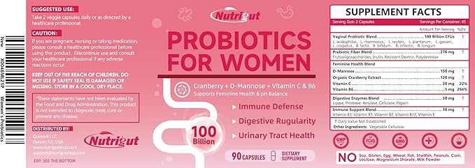 Probiotics for Women 100 Billion CFUs Probiotic and Prebiotics with Digestive Enzymes for Gut Health, Vaginal Probiotics with Cranberry and D-Mannose for Urinary Tract Health, pH Balance, 90 Capsules