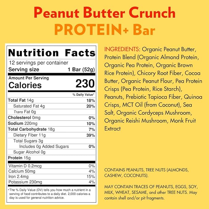 Vegan Keto Plant Based Protein & Fiber Bars by B.T.R. - Low Carb & GF | 12 Bars | Free of Sugar Alcohols, Dairy, Soy and Boosted with Powerful Superfoods! (Peanut Butter Crunch Protein+)