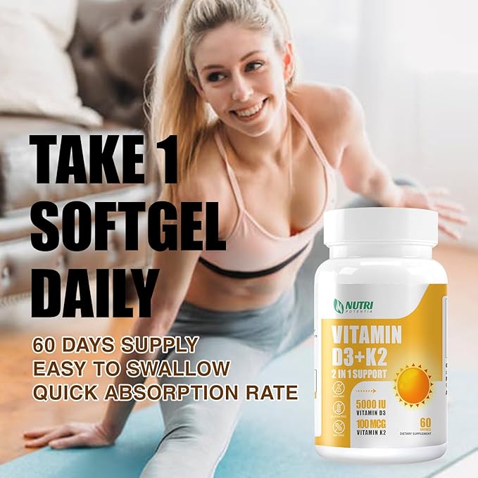Vitamin D3 K2 with MCT Oil, Vitamin D3 5000 IU and K2 100mcg, Formula 2 in 1 for Bone and Heart Health, Gluten Free - 60 Count Softgels
