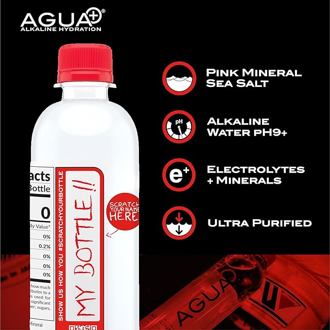Agua Plus pH9+ Alkaline Water Bottles - 16.9 fl (500mL) oz Drinking Water Bottles - Enhanced with Pink Mineral Sea Salt for Electrolytes and Minerals - Recycled Plastic and USA Made Water Bottles - 4 Pack
