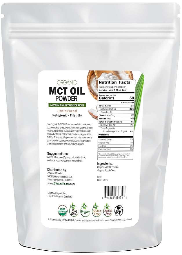 Z Natural Foods Organic MCT Oil Powder - 5 lbs | From Coconut Oil with Prebiotic Fiber | C8 and C10 | Natural Plant Based Vegan Creamer For Tea, Coffee, Shakes & Smoothies | Keto & Paleo Friendly Superfood Powder | Non GMO & Gluten Free