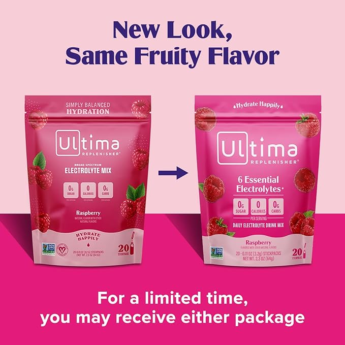 Ultima Replenisher Daily Electrolyte Powder Drink Mix – Raspberry, 20 Stickpacks – Hydration Packets with 6 Key Electrolytes and Trace Minerals – Keto Friendly, Vegan, Non-GMO and Sugar-Free