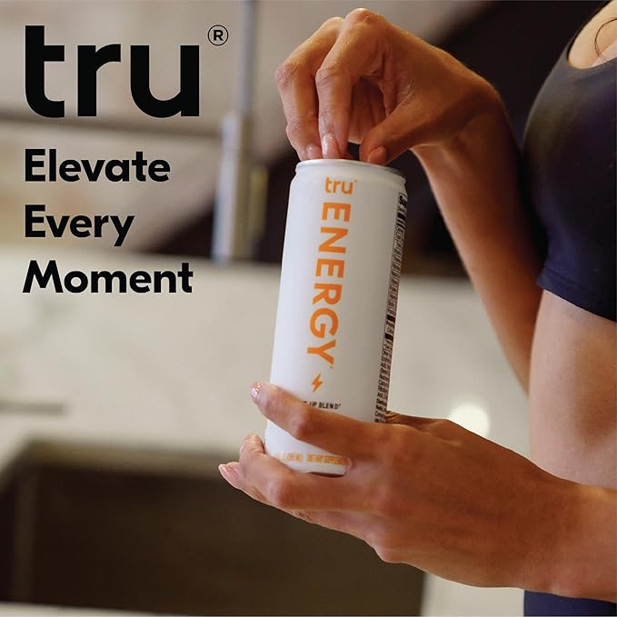 Tru Energy Seltzer, Orange Mango Flavored Sparkling Water Made with Real Fruit Juice - Clean Energy Drink plus B Vitamins - Natural Caffeine, Kosher, GF, No Added Sugar Beverages, 12oz (Pack of 24)