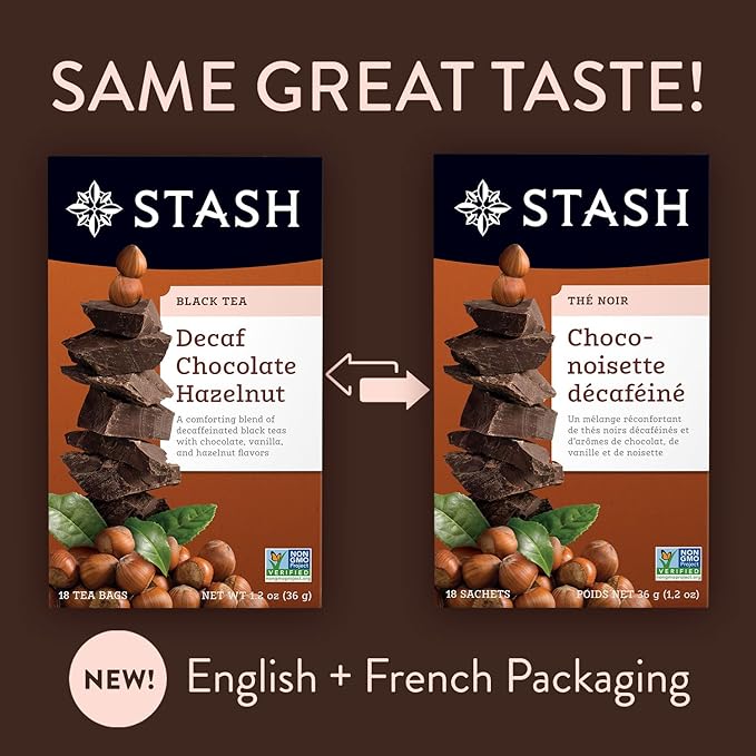 Stash Tea Decaf Chocolate Hazelnut Black Tea - Decaf, Non-GMO Project Verified Premium Tea with No Artificial Ingredients, 18 Count (Pack of 6) - 108 Bags Total