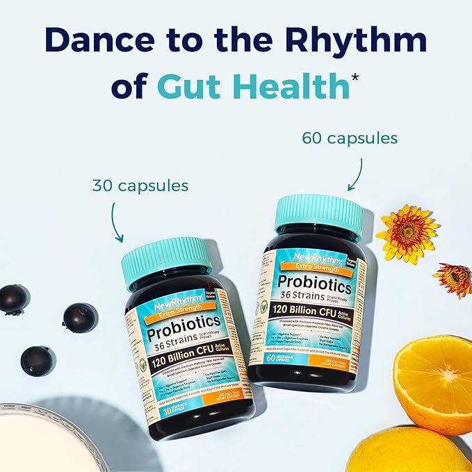 NewRhythm Probiotics 120 Billion CFU 36 3-in-1 Probiotics 60 Veggie